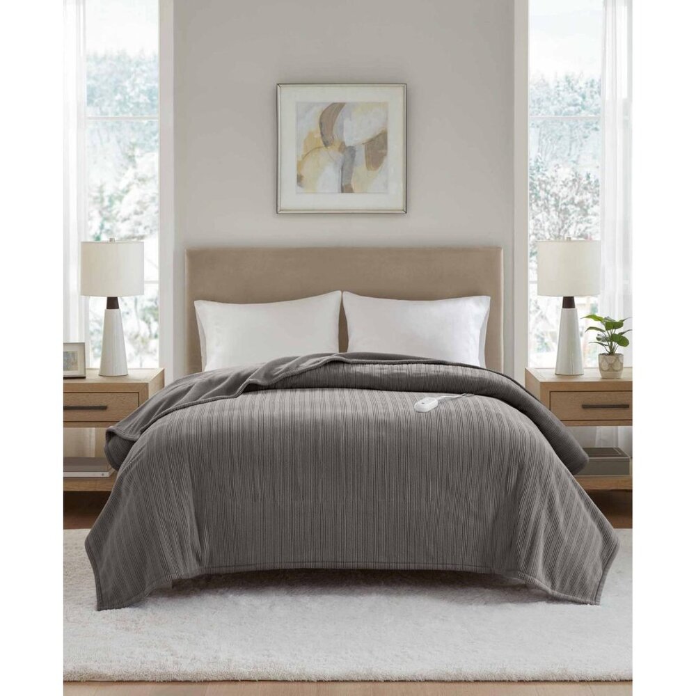NWT Premier Comfort Heated Textured Fleece Blanket MCC51-6140 Charcoal Gray Full - Picture 2 of 7